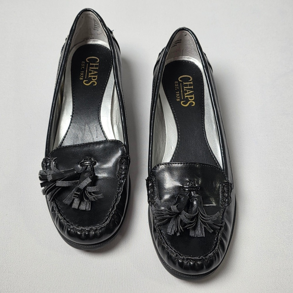 Chaps Patsy Loafers Womens 6B Black Tassel Fringe Block Heel Moc Toe Shoes